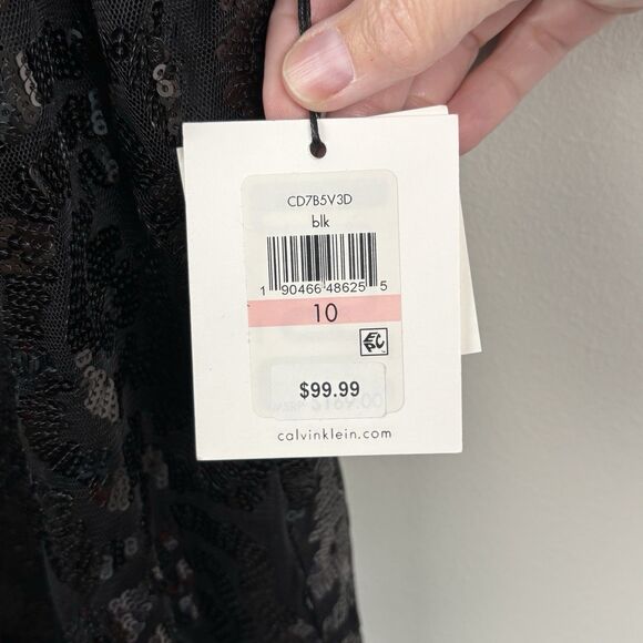 NWT Calvin Klein Mid-length Sequin Sheath Black Dress Sz 10 Cocktail Wedding - Picture 4 of 10